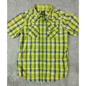 Prana Shirt Men's Size L Green/Blue Snap Short Sleeve Plaid Western Aztec
